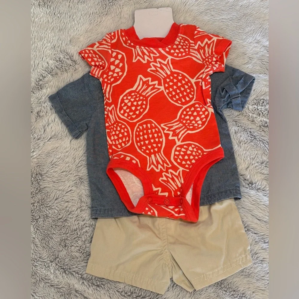 Carter's 3 Pc Set - Blue Shirt, Tan Shorts, and orange print bodysuit, 3 mos